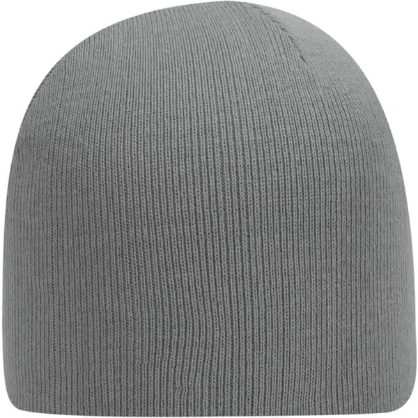 A grey beanie with a snug, fitted design, featuring ribbed texture. Includes a brand logo.