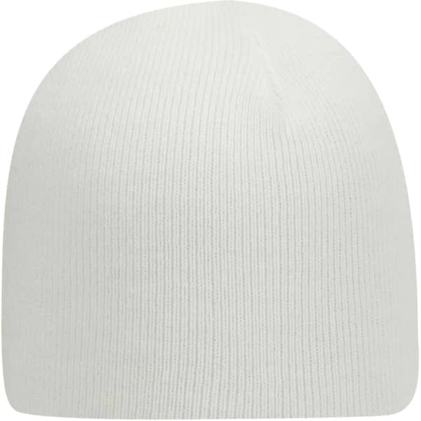 A white beanie hat with a snug fit and ribbed texture. It features a logo on one side.