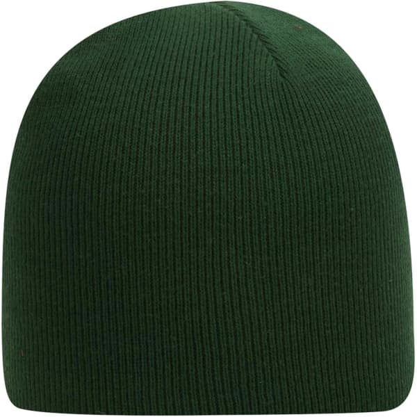 A green beanie made of ribbed fabric, featuring a seamless design and no visible branding.