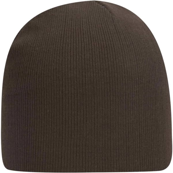 A brown beanie with a ribbed texture and a rounded top. The product has a logo on it.