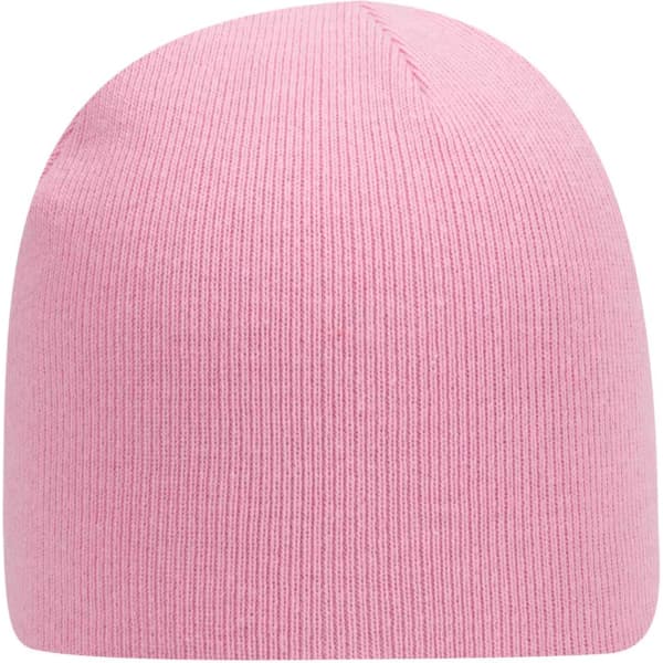 A pink beanie with a smooth, knitted texture and a simple, rounded design. It includes a logo.