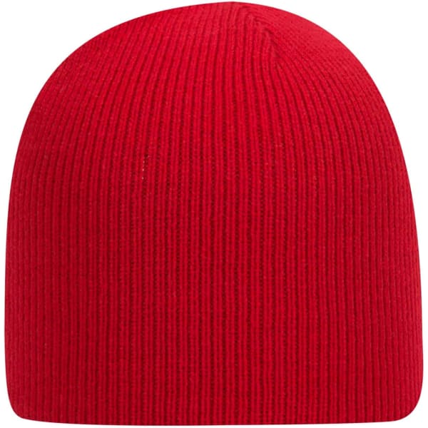 A red beanie with a ribbed texture, featuring a logo on one side.