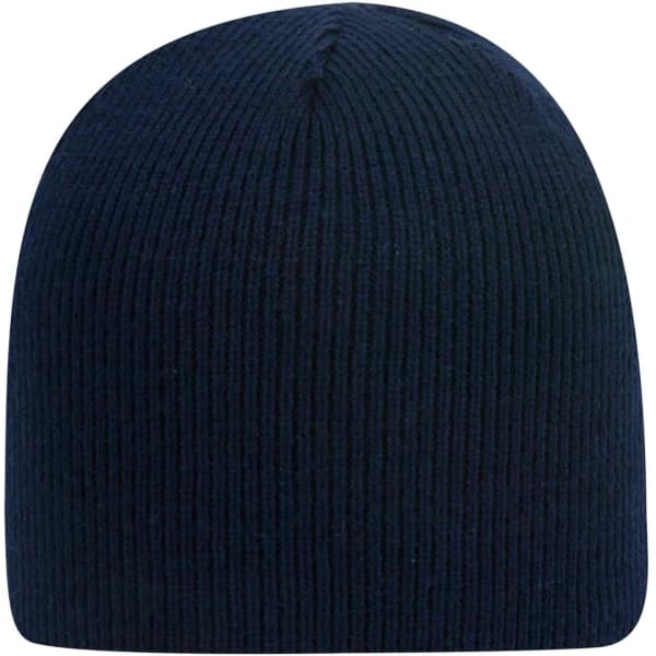 A black beanie with a ribbed texture and a rounded top, featuring a logo on one side.