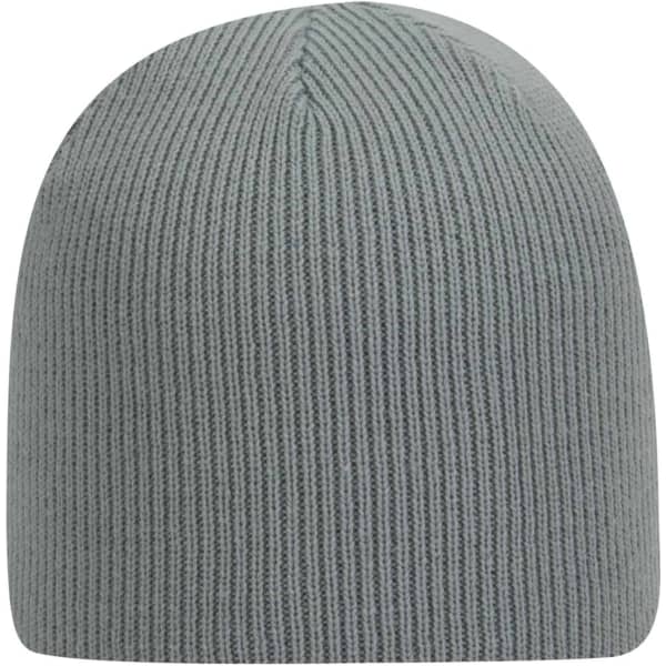 An 8 1/2" beanie in a soft green colour with a ribbed texture and rounded top. Features a branding logo.