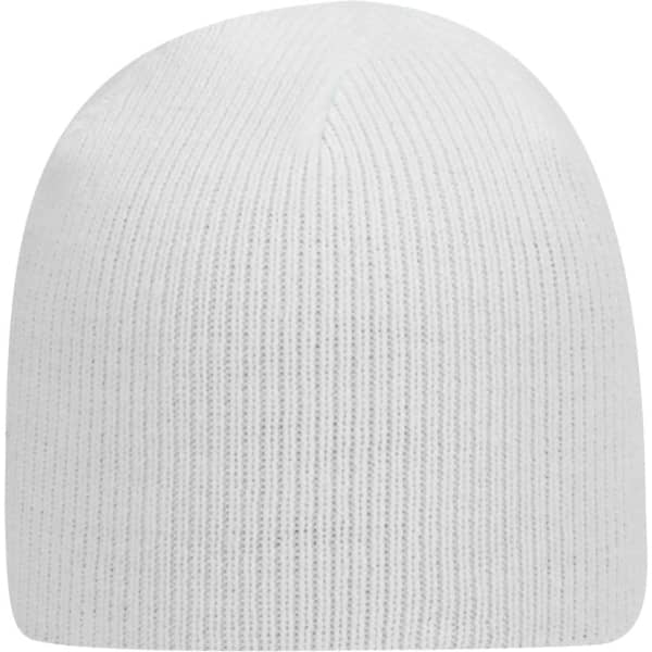 A white beanie with a ribbed texture, featuring a small branding logo.