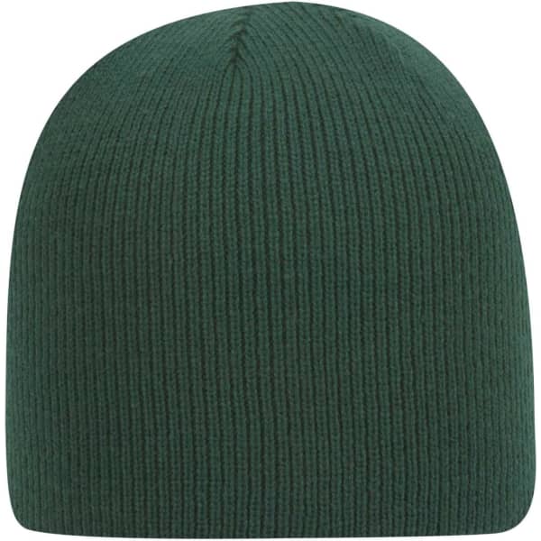 A dark green beanie hat with a ribbed texture, featuring a rounded crown and no visible branding.