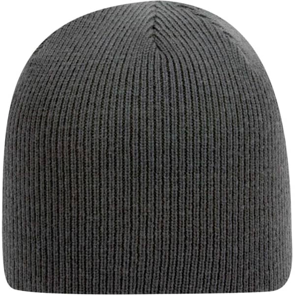 A grey beanie with a ribbed texture, featuring a plain design and a logo.