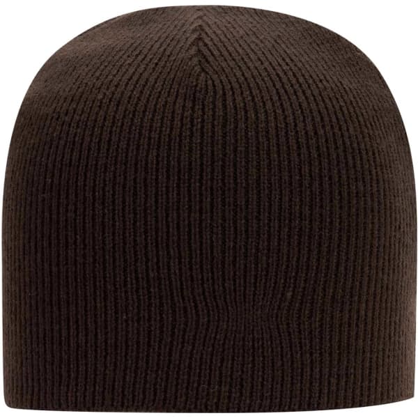 A brown beanie with a ribbed texture, featuring a simple, rounded top design. It has a logo on the side.