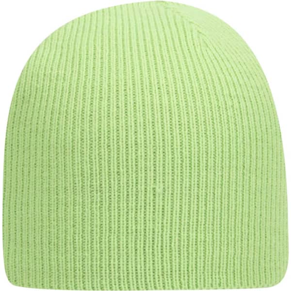 A green beanie with a ribbed texture, featuring a rounded top and a simple design. It has a logo.