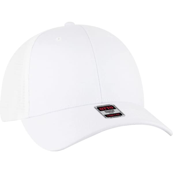 A white stretchable double mesh back trucker hat featuring a logo on the front.