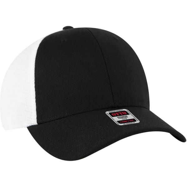 A black and white stretchable trucker hat with a mesh back and a logo on the front.