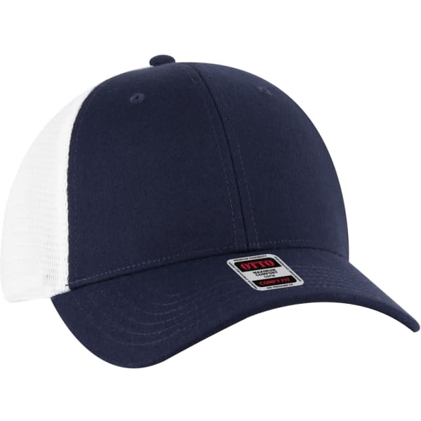 A navy blue trucker hat featuring a stretchable double mesh back and a solid front panel, complete with a logo.