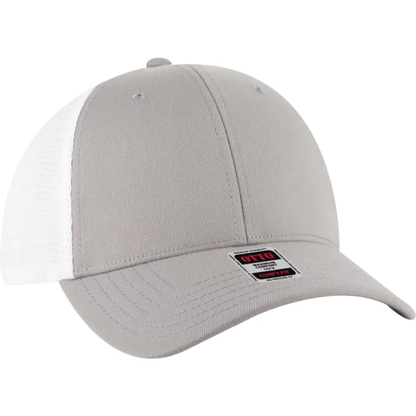 A grey and white stretchable double mesh back trucker hat with a logo on the front.