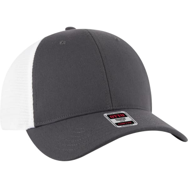 A grey and white trucker hat with a mesh back and an adjustable fit. Features a logo on the front.