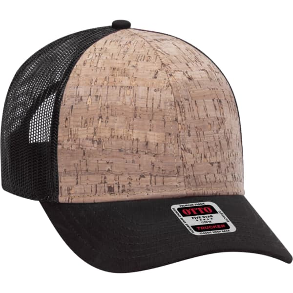 A 6-panel trucker hat featuring a cork-patterned front and black mesh back. The design includes a logo on the front.