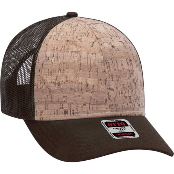 A cork-patterned 6 panel trucker hat with a brown mesh back and a branded tag on the front.