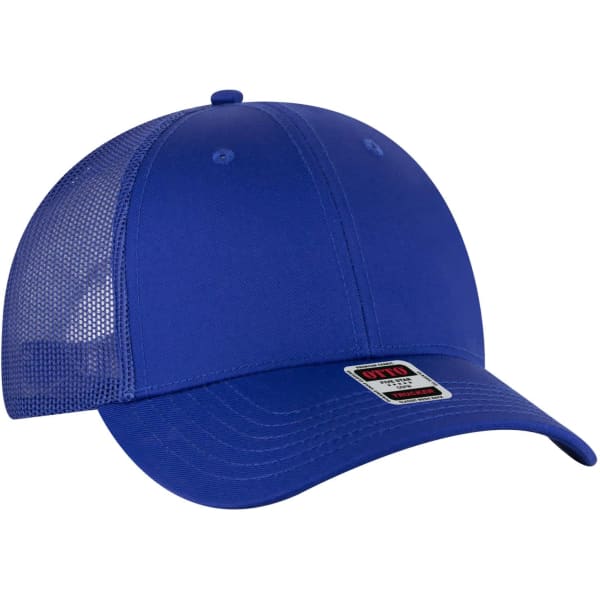 A blue 6 panel trucker hat with a mesh back and a logo on the side.