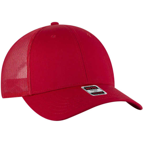 A red 6-panel trucker hat featuring a mesh back and a logo on the front.