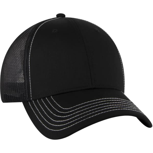 A black 6-panel trucker hat with mesh sides and contrasting stitching on the brim. It features a logo on the front.