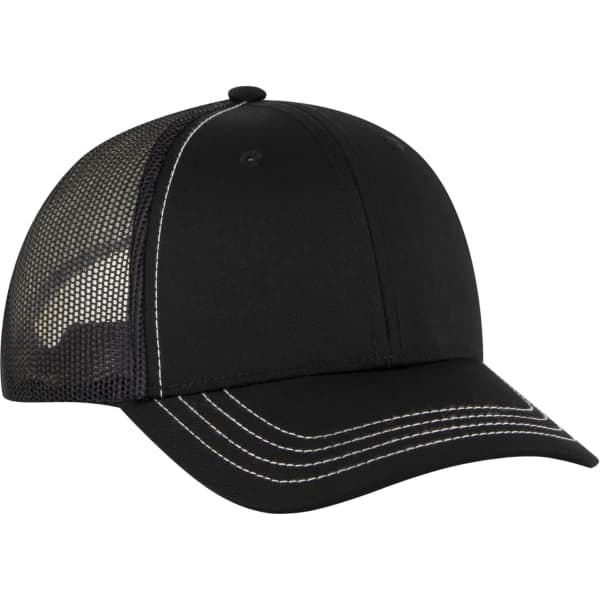 A black 6 panel trucker hat featuring mesh panels and contrasting stitching, along with a logo on the front.