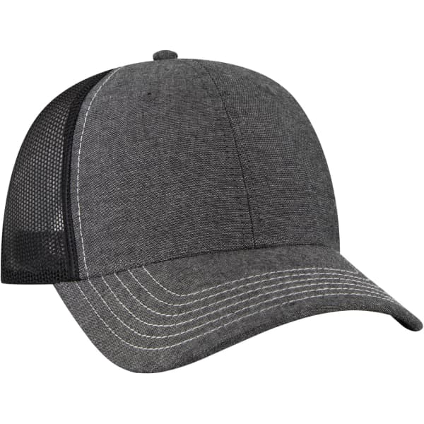 A grey 6-panel trucker hat featuring a mesh back and contrasting stitching, with a logo on the front.
