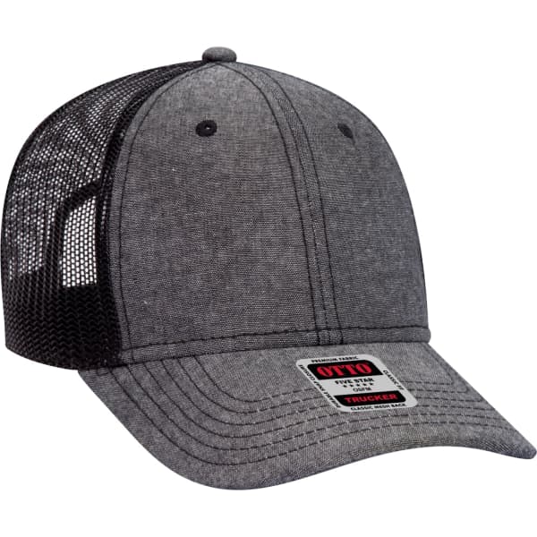 A grey 6 Panel Trucker Hat with a mesh back and an adjustable strap, featuring a branded label.