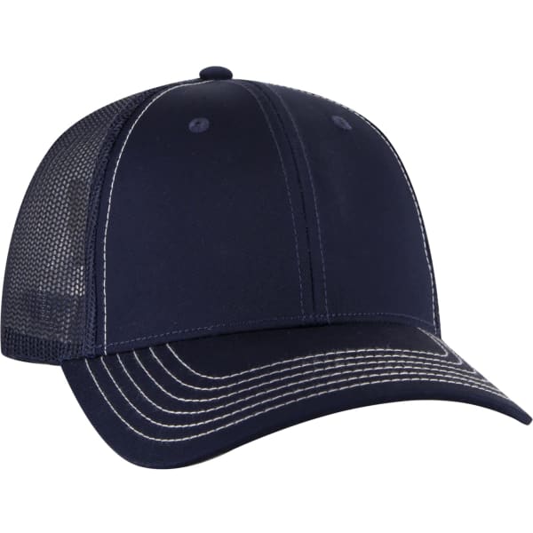 A navy 6 panel trucker hat featuring a mesh back and contrasting stitching. It has a logo on the front.