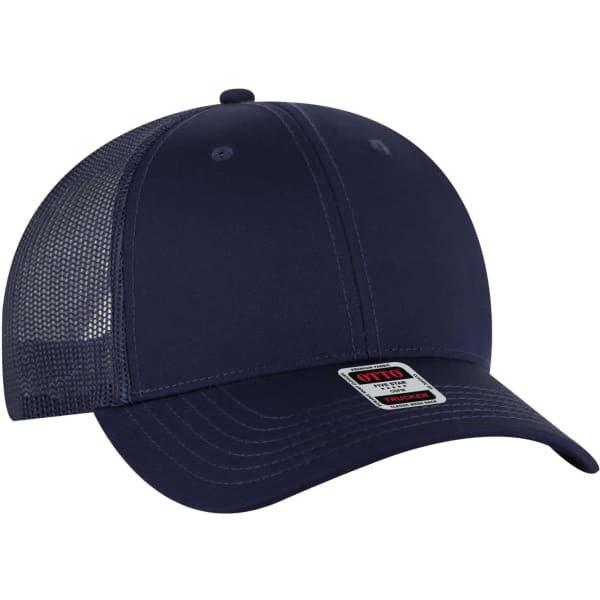 A navy blue 6 panel trucker hat featuring a mesh back and a branded tag on the side.