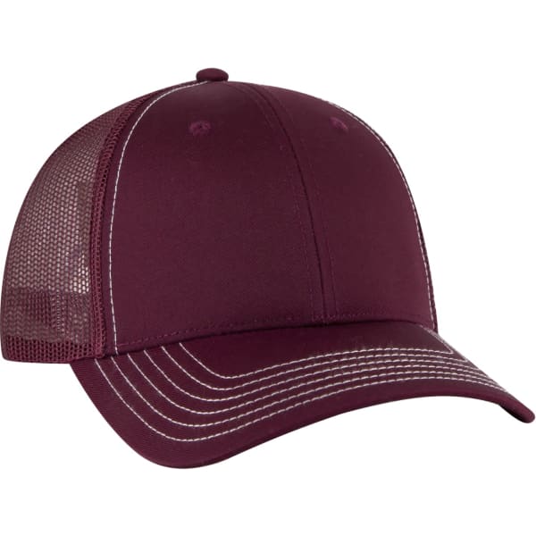 A maroon 6-panel trucker hat featuring a mesh back and contrasting stitching. It has a logo on the front.