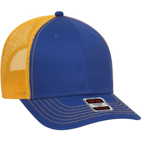 A blue and yellow 6 panel trucker hat featuring a mesh back and a branded tag on the front.