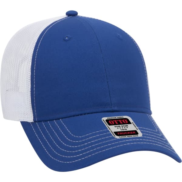 A blue 6 panel trucker hat with a white mesh backing and a logo on the front.