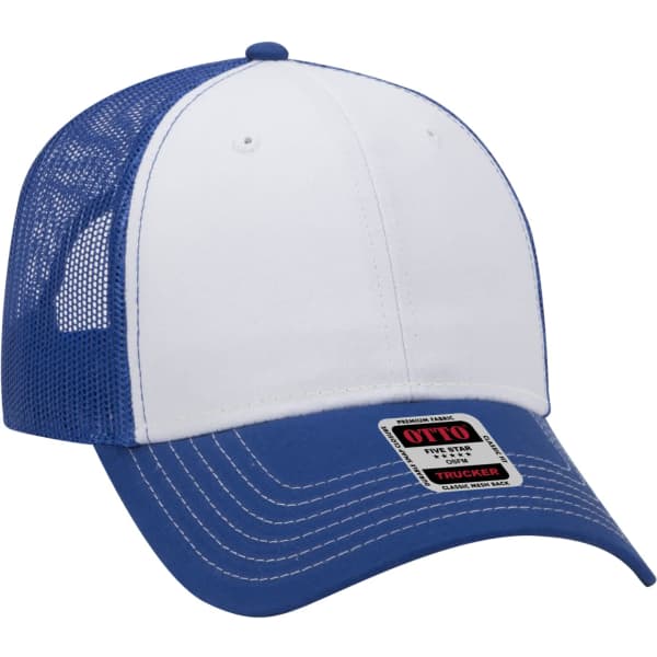 A blue and white 6-panel trucker hat with a mesh back and a small logo on the front.