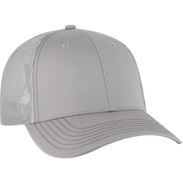 A grey 6 panel trucker hat with a mesh back and curved brim, featuring a logo on the front.
