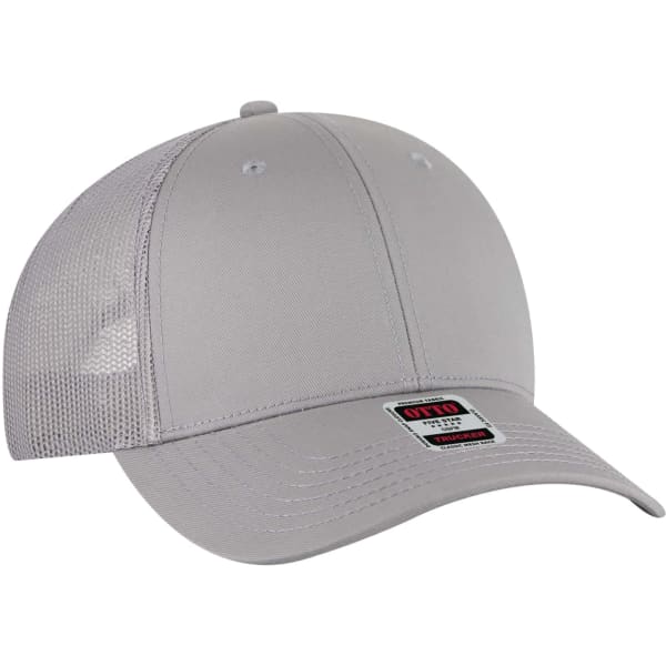 A grey 6-panel trucker hat featuring a mesh back and an adjustable snap closure. It has a logo on the front.
