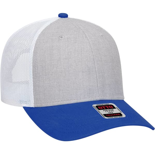 A grey and blue 6 panel trucker hat with a mesh back and a logo patch on the front.