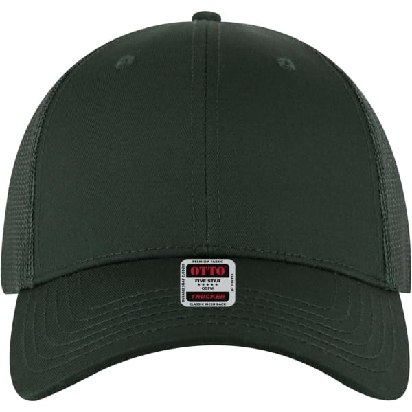 A dark green 6 Panel Low Profile Trucker Cap with a logo tag on the front and mesh sides.