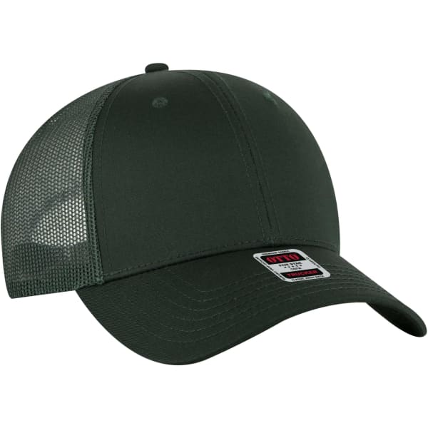 A green low-profile trucker cap with a mesh back and a branded tag on the front.