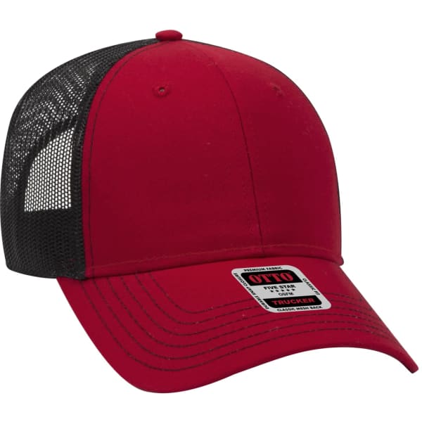 A red 6 panel trucker hat with a black mesh back and a logo on the front.