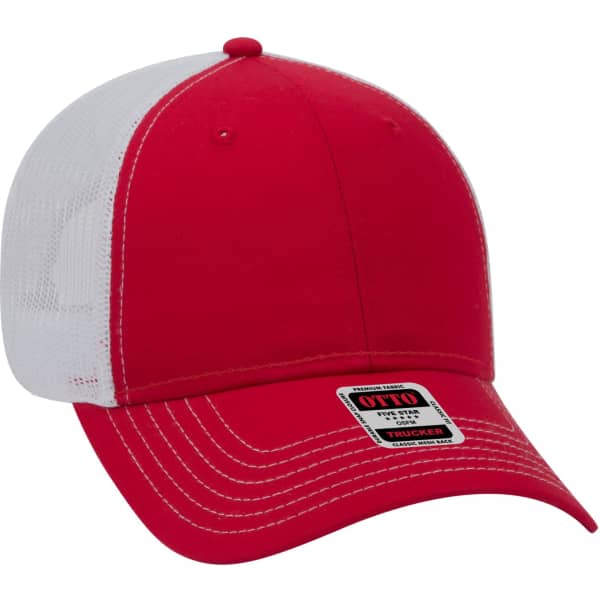 A red and white 6 panel trucker hat featuring a branded label on the front.