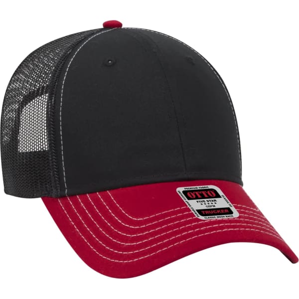 A black and red 6 Panel Trucker Hat featuring a mesh back and a branding label on the front.
