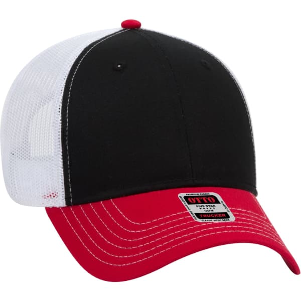 A black and red 6 panel trucker hat with a white mesh back and a logo on the front.