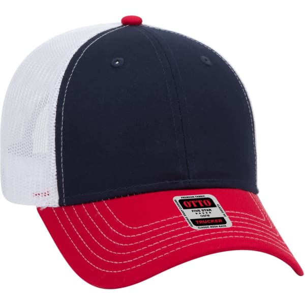 A 6-panel trucker hat featuring a navy blue front, red brim, and white mesh back, with a logo on the front.
