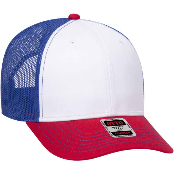 A 6 panel trucker hat featuring a white front, red bill, and blue mesh back. It includes a logo on the front.