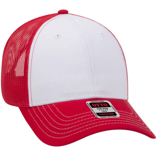 A red and white 6 panel trucker hat with a mesh back and a branded tag on the front.