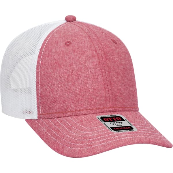 A red 6 panel trucker hat with a white mesh back and a branded label on the front.