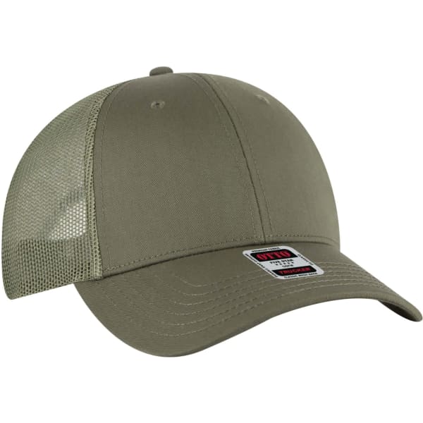 A 6-panel trucker hat in olive green with a mesh back and a branded tag on the front.