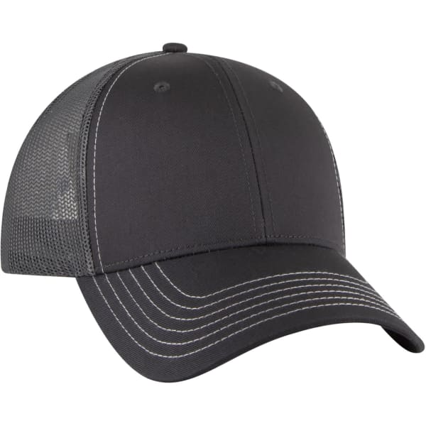 A 6-panel trucker hat in black with contrasting white stitching and a mesh back, featuring a front logo area.
