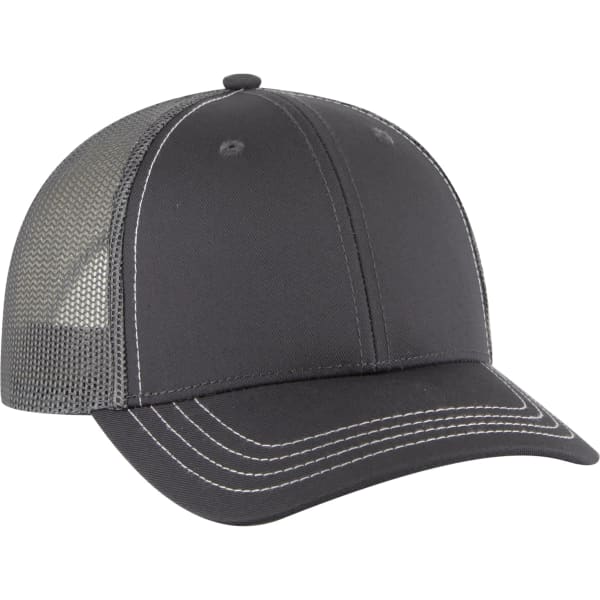 A 6-panel trucker hat in dark grey with a mesh back and contrasting stitching. It features a logo on the front.