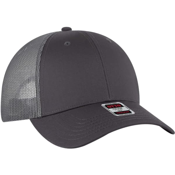 A grey 6-panel trucker hat featuring a mesh back and a branded label on the front.