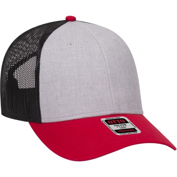 A 6 panel trucker hat featuring a grey body, red brim, and black mesh back, with a logo on the front.